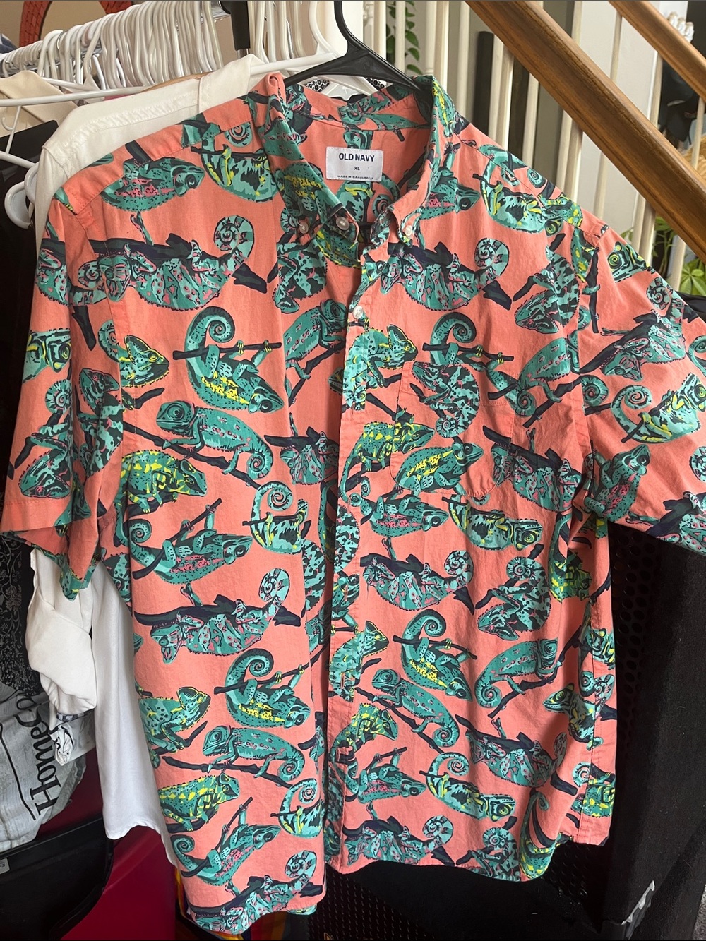 Old Navy Coral Button-Up Shirt with Teal & Green Chameleon Print